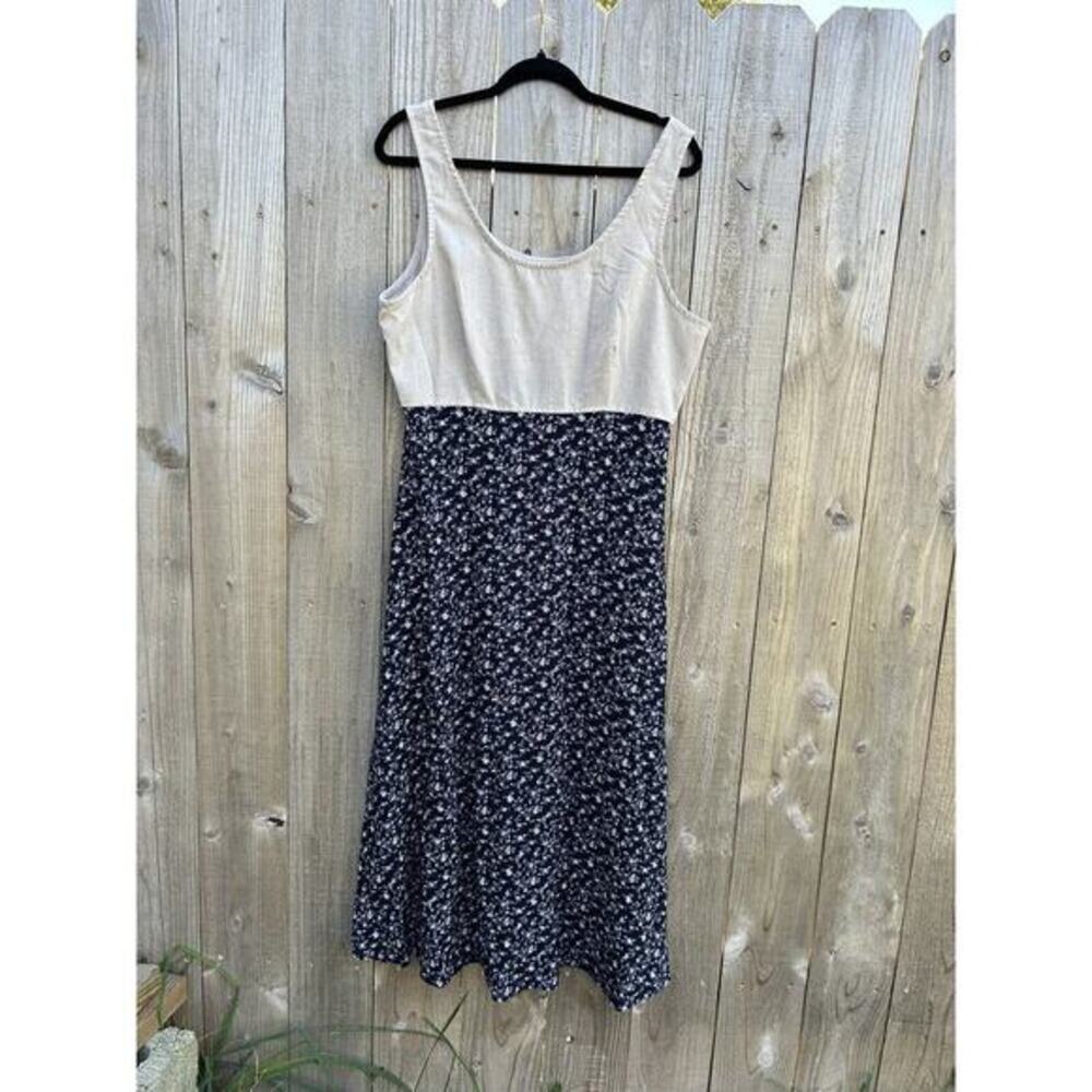 Vintage‎ Studio 90s Women's Size 14 Floral Tan Blue Maxi Dress Cottagecore Fairy